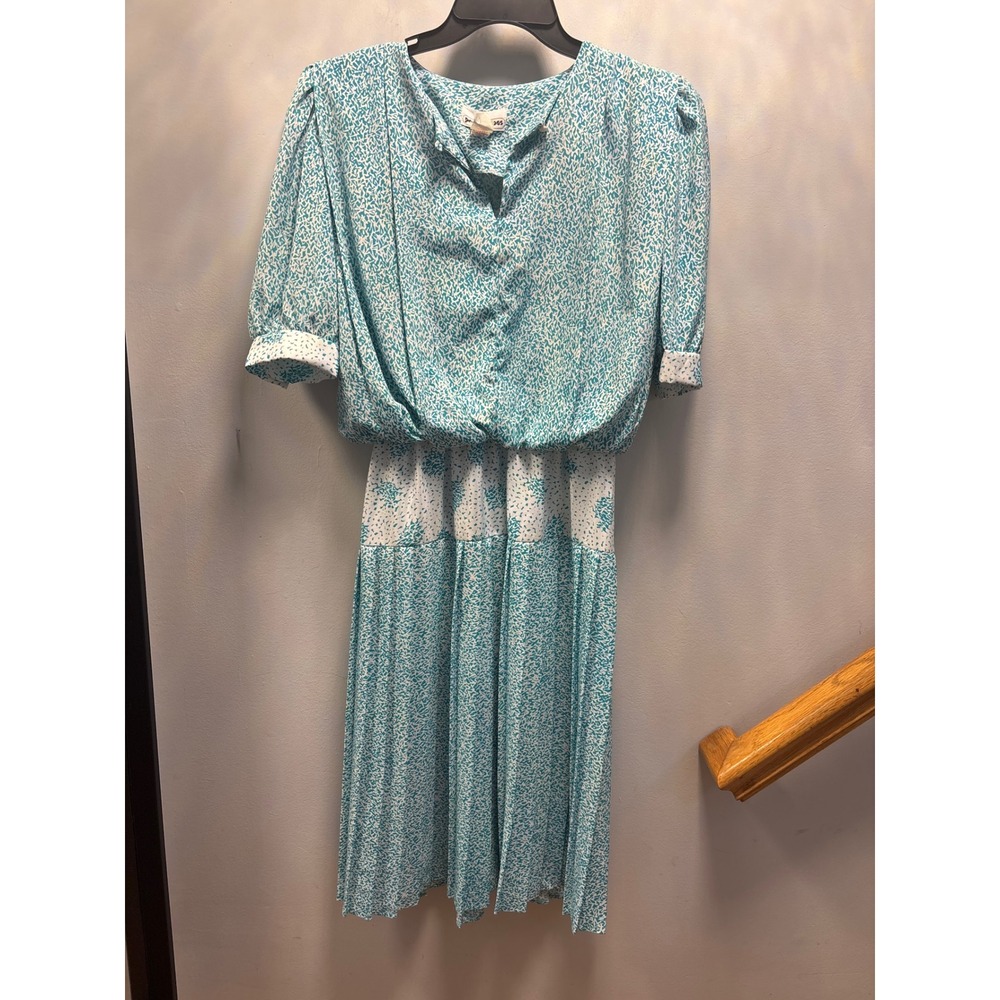 Perceptions Vintage 80s Teal‎ White Abstract Print Pleated Midi Dress Size 7/8